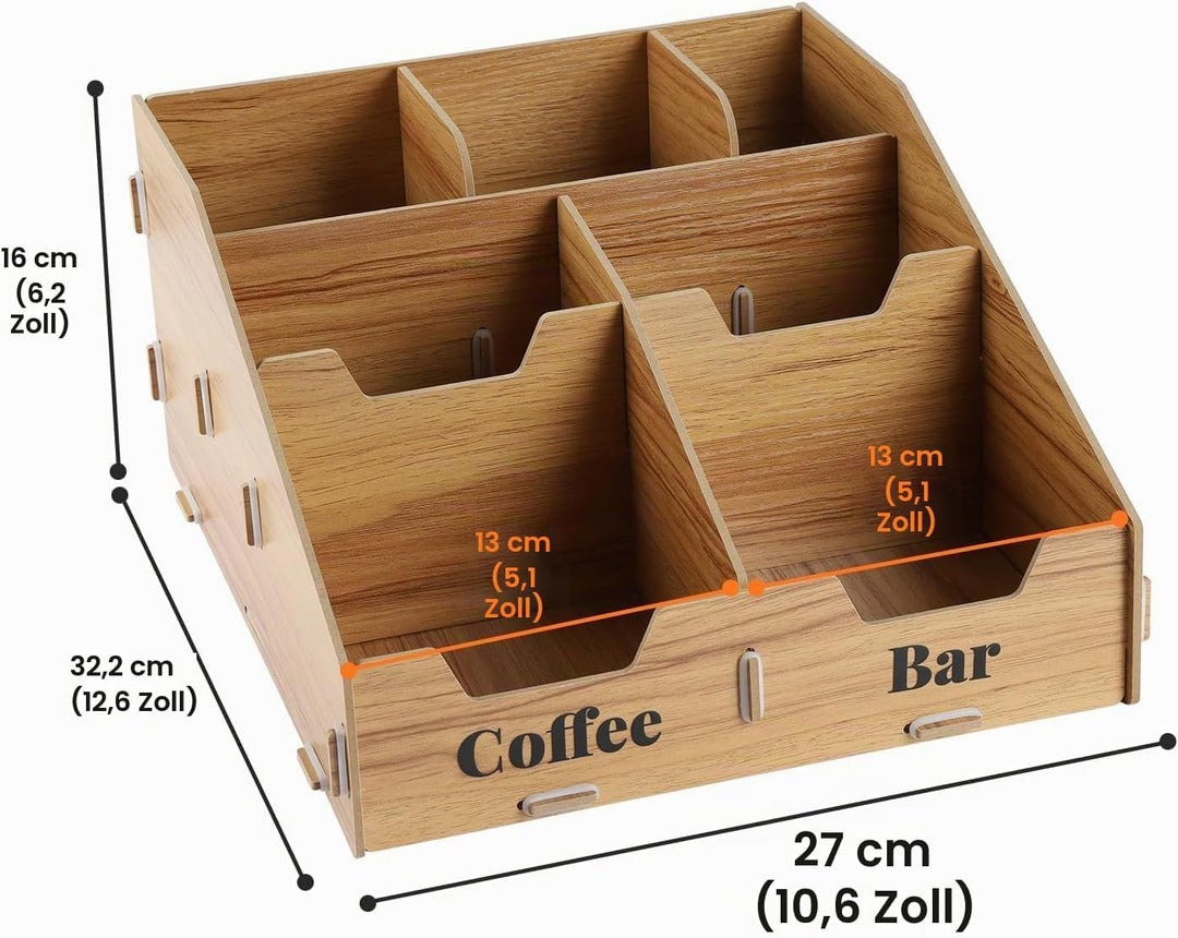 Kaffee Organizer Holz mit 7 Fächern &amp; herausnehmbaren Trennwänden – Kaffeestation &amp; Gewürz Organizer