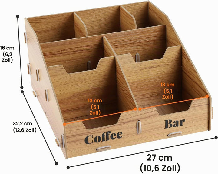 Kaffee Organizer Holz mit 7 Fächern &amp; herausnehmbaren Trennwänden – Kaffeestation &amp; Gewürz Organizer