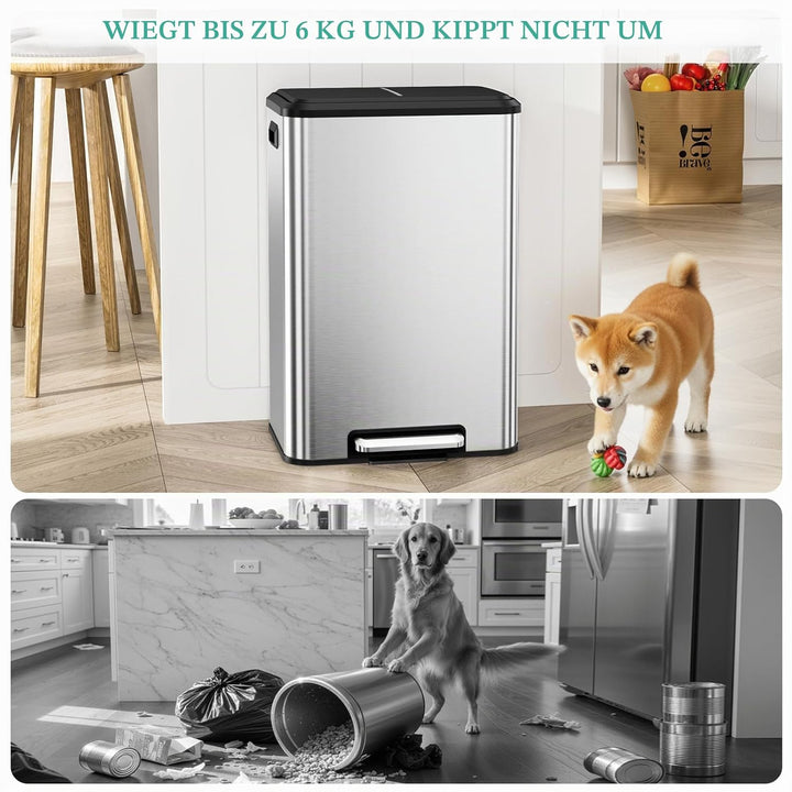 LIFERUN Mülleimer 40l, Abfalleimer Küche mit Inneneimer,mit Deckel Softclose, Tretmülleimer aus Stah