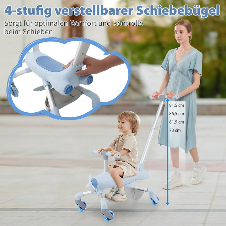 GOPLUS 2 in 1 Schiebeauto & Rutschauto, Dreirad mit verstellbarem Schiebegriff, LED Rädern & Korb hi