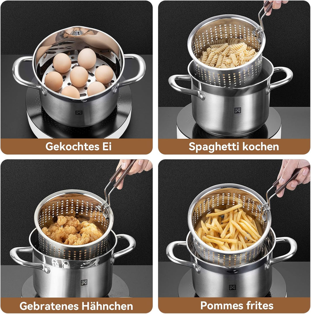 Edelstahl Frittiertopf 4L, Fritteuse mit Sieb und Deckel,Fritteusentopf Dampfgarer Mehrzweck-Kochtop