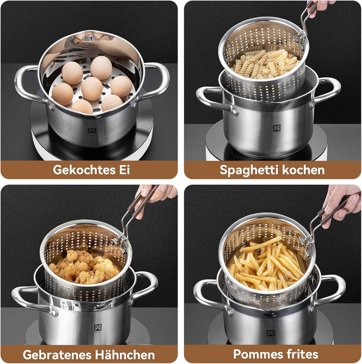 Edelstahl Frittiertopf 4L, Fritteuse mit Sieb und Deckel,Fritteusentopf Dampfgarer Mehrzweck-Kochtop