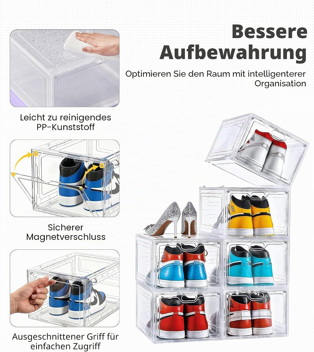 ADOV Schuhboxen, 6 Stück Schuhboxen Stapelbar für Männer Frauen und Kinder, Schuhorganizer Platzspar