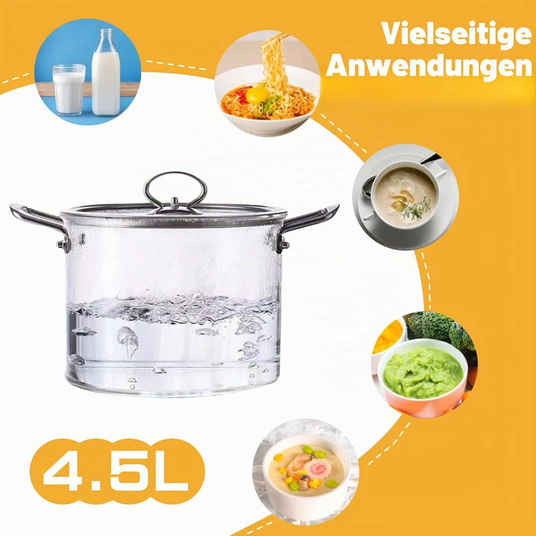 4,5L Übergrösse Glastopf mit Deckel, hitzebeständiger Glas-Suppentopf mit Edelstahl-Doppelgriffen, u