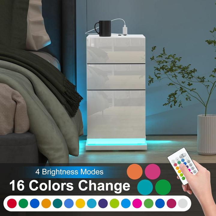 Nachttisch Schmal mit Led, Schmaler Kleiner Nachtschrank mit Steckdose und 3 Schubladen, Nachtkästch