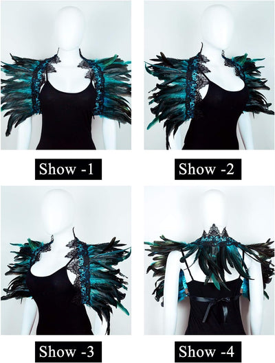 keland Damen schwarz echte Feder Achselzucken Schal Wrap Lace Kragen Halloween Kostüm Schal Top(Blau