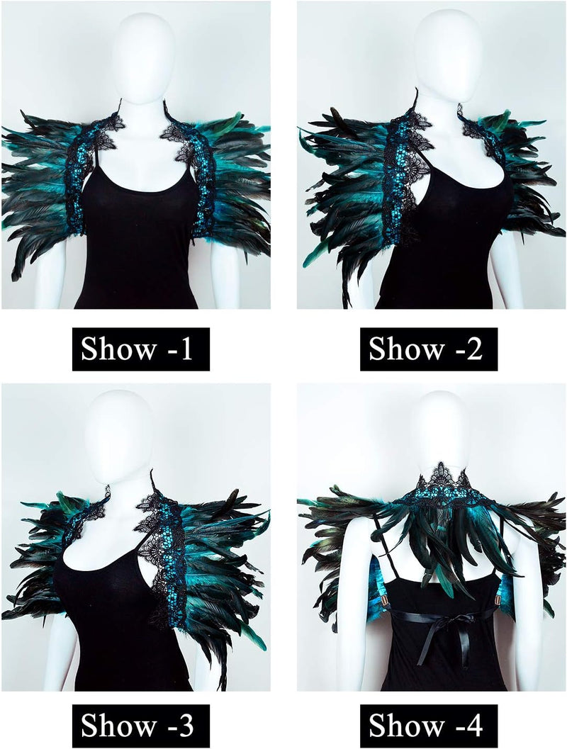 keland Damen schwarz echte Feder Achselzucken Schal Wrap Lace Kragen Halloween Kostüm Schal Top(Blau