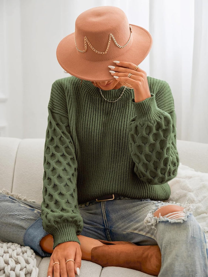 CUPSHE Damen Strickpullover Rundhals Langarm Feinstrick Pulli Jumper Oberteile Tops Honeycomb Knit S