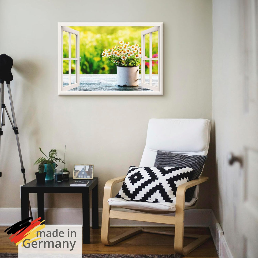 Artland Leinwandbild Wandbild Bild auf Leinwand 70x50 cm Wanddeko Fensterblick Fenster Botanik Blume