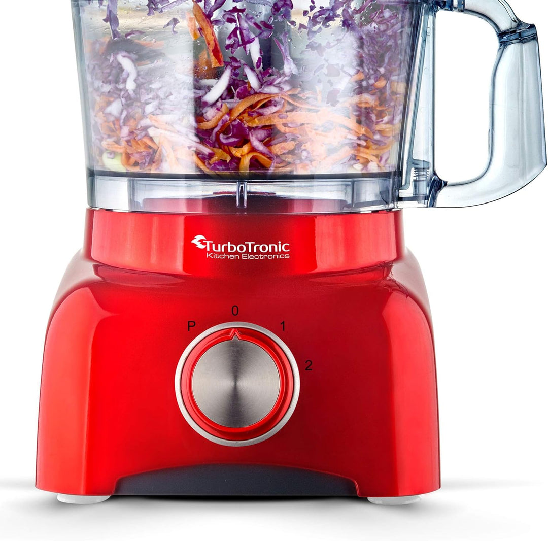TurboTronic Food Processor 1,2L schwarz, rot, Küchenmaschine mit Mixaufsatz, Raspelscheiben,