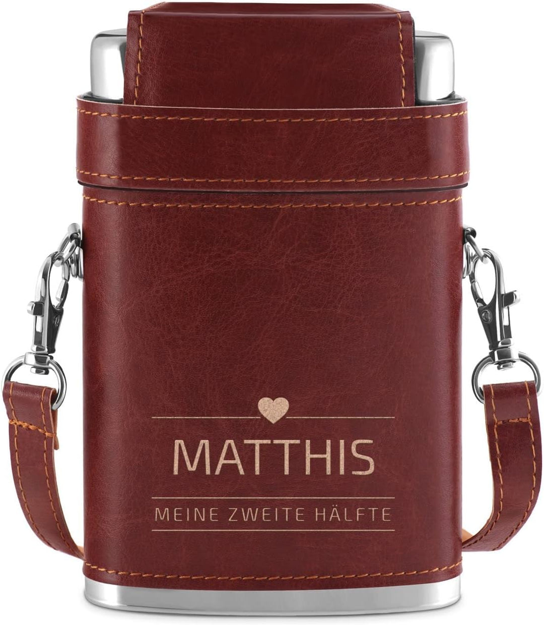 Maverton Flachmann mit Gravur - personalisiert - 250 ml - aus Edelstahl - 3x10 ml Pinnchen - Lederet