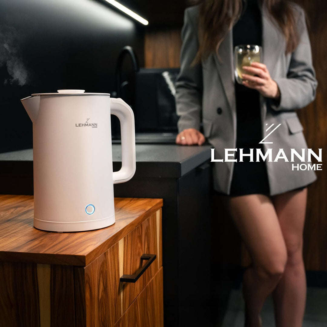 LEHMANN Elektrischer Wasserkocher Edelstahl 1,7L, 2200W, Schnelles Aufheizen, Doppelwand Design, 360