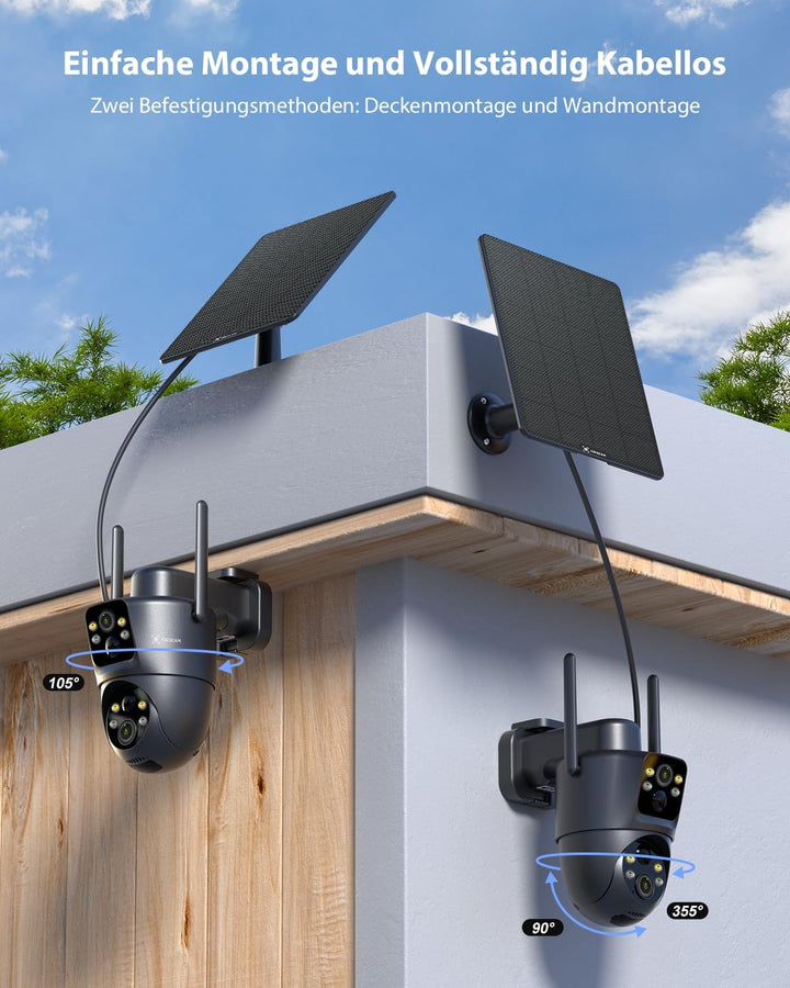 COCOCAM 2K Dual Objektiv Überwachungskamera Aussen WLAN Solar, 10000mAh Akku, 6W Solarpanel, Duale P