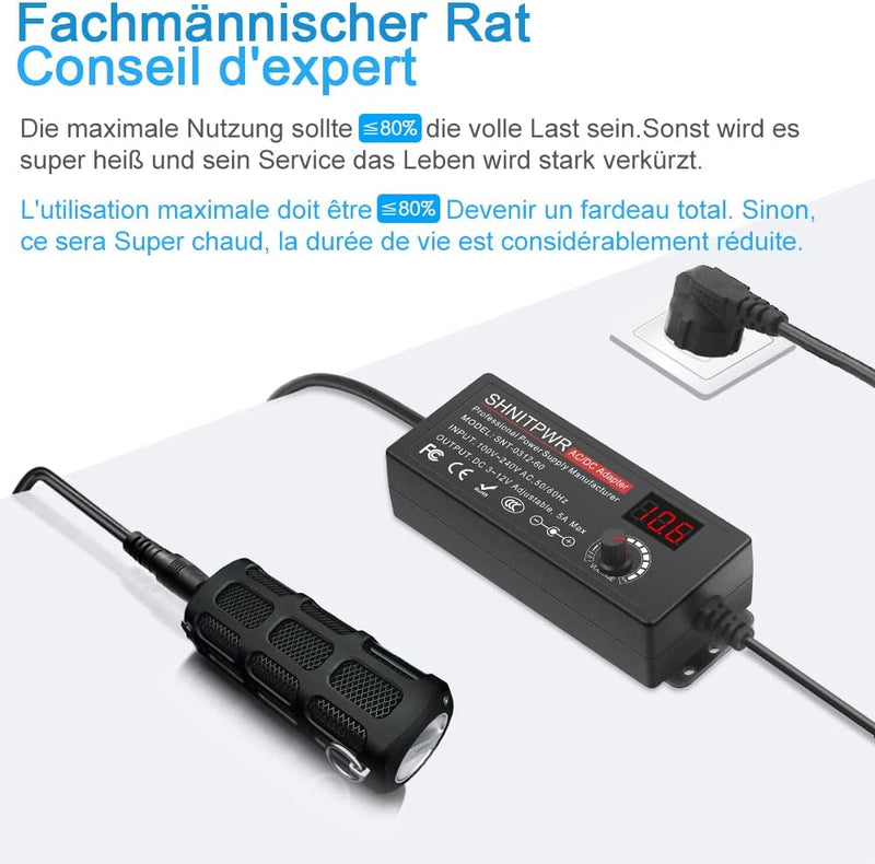 SHNITPWR Universal 3.5V~12V Netzteil 60W 5A Schalt-Netzteil Adapter AC/DC, mit 14 pcs Adapter Stecke