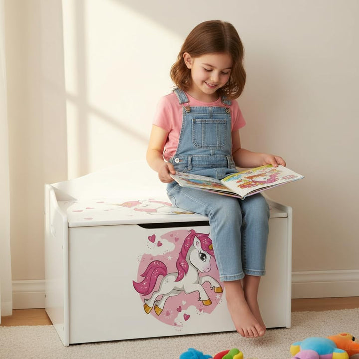 Leomark Kinderbank Hölzerne - UV-Druck: Rosa Einhorn - Kindertruhenbank, Behälter für Spielzeug, Tru