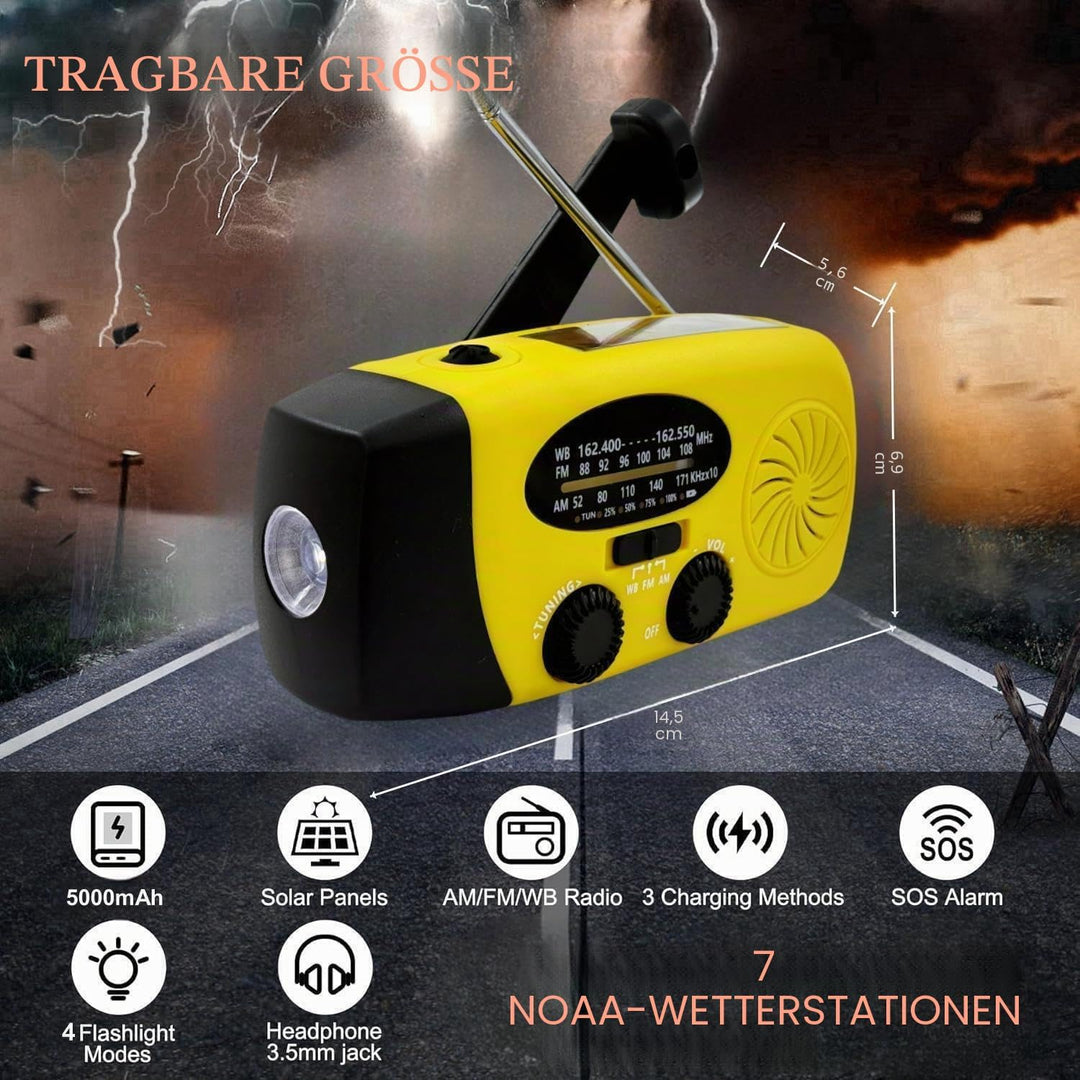 Notfall-Solarradio, tragbares Kurbelradio mit LED-Taschenlampe, wiederaufladbares 5000mAh-Netzteil,