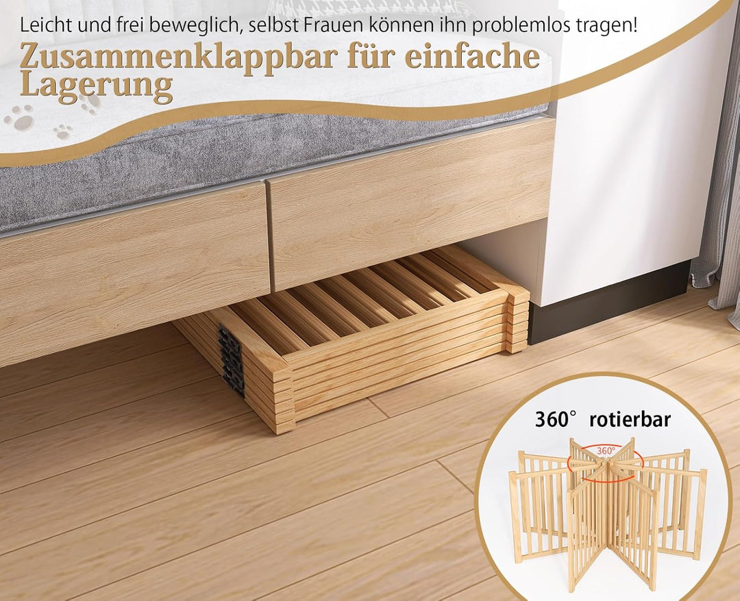 Lackfreies Naturholz-Hundeabsperrgitter, 6-teilig faltbar &amp; 360° drehbar – Sicher als Welpen- und Ki