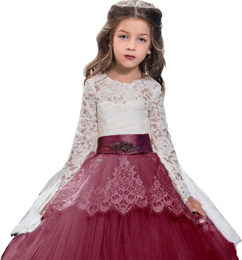 PLWEDDING Spitze Lange Ärmel Blumenmädchen Kleid Prinzessin Tüll Kleid für Kinder Erstkommunion Klei