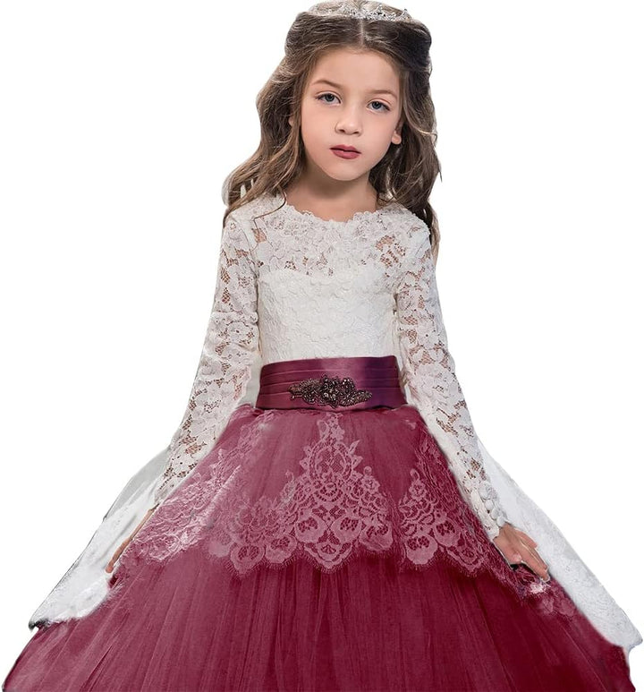 PLWEDDING Spitze Lange Ärmel Blumenmädchen Kleid Prinzessin Tüll Kleid für Kinder Erstkommunion Klei