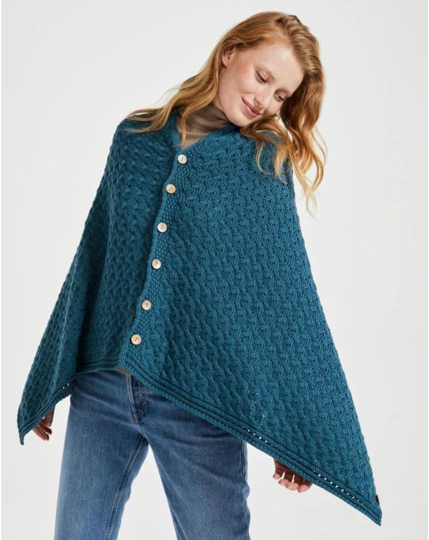 Aran Woollen Mills Supersoft Merino Wool Buttoned Irish Cape/Poncho Einheitsgrösse Blau, Einheitsgr&