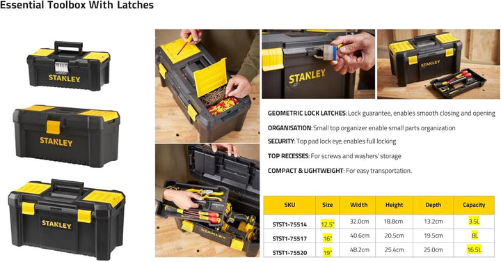 Stanley Werkzeugbox / Werkzeugkasten (16", 20x19,5x41cm, stabiler Werkzeugkoffer aus Kunststoff, Wer