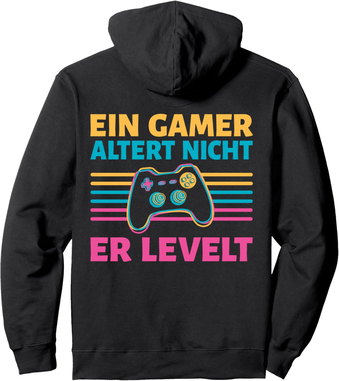 Backprint Ein Gamer altert nicht, er levelt Pullover Hoodie