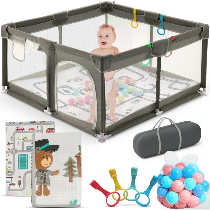 Laufstall für Babys mit Matratze, Bällebad (inkl. 50 Bällen) und 4 Haltegriffen. Laufgitter 124x124c