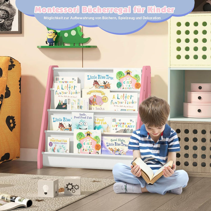 Bücherregal Kinder, Kinderregal mit 4 Stofffächern Kinderzimmer Regal 4 Ebenen Bücher-Organizer, 60x