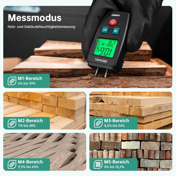 Feuchtigkeitsmessgerät, ERICKHILL EWM03 Pin-Typ Holzfeuchtemessgerät mit 5 Modi, LCD-Display mit grü