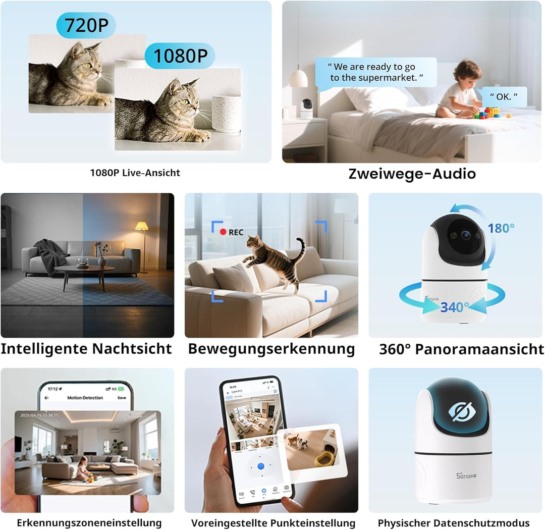 SONOFF Indoor Überwachungskamera 1080P, CAM-PT2 Schwenk-/Neige-WLAN-Kamera mit 360°-Sicht, Bewegungs