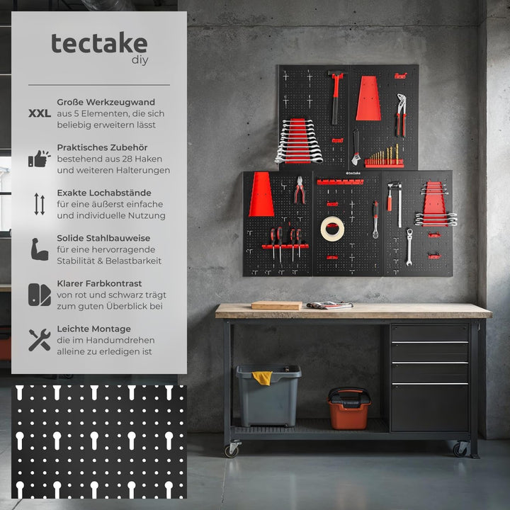 tectake® Werkzeug Lochwand aus Metall, 200 x 60 x 2 cm, Werkzeugwand Lochplatte, inkl. Werkzeughalte