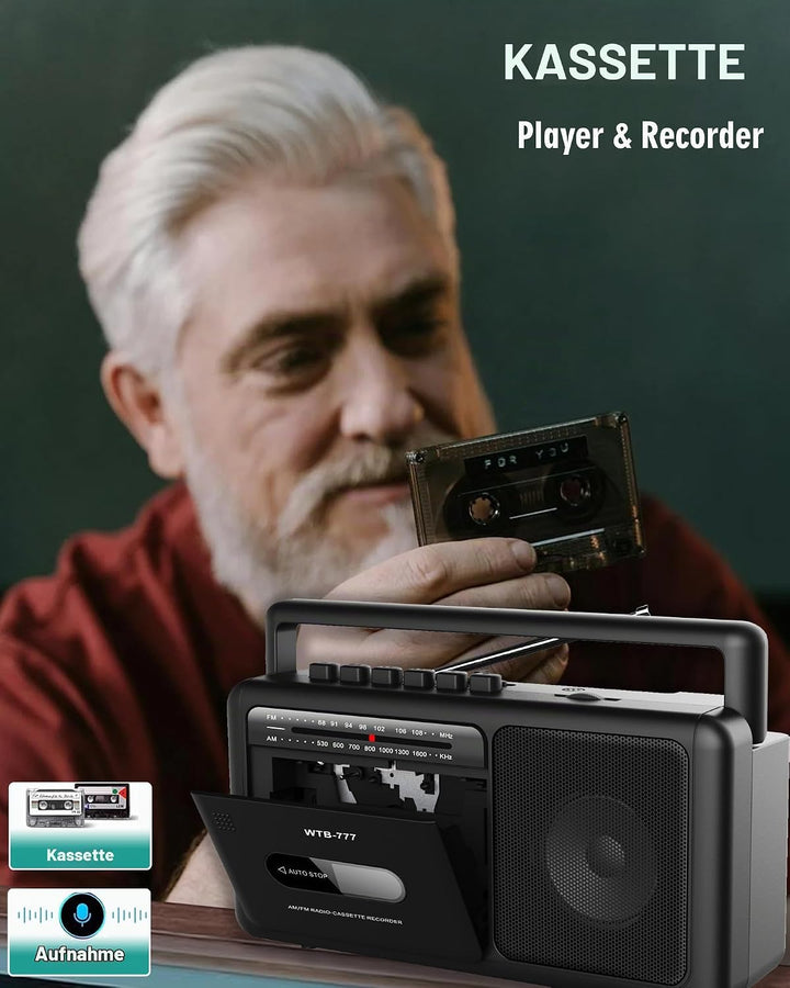 Tragbare Kassettenspieler Boombox,Vintage-AM/FM-Stereoradio mit Bluetooth, USB, Kopfhöreranschluss,