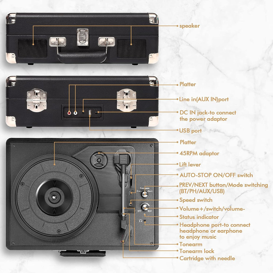 Voksun Bluetooth Record Player, Vinyl Turntable, Built-in Speaker, Belt Drive 33/45/78 RPM, Portable