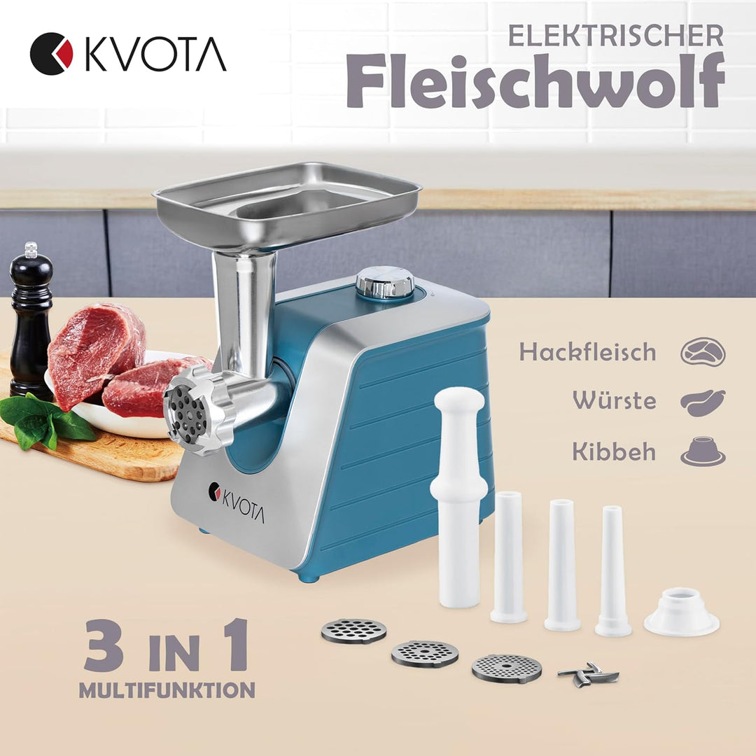 Fleischwolf elektrisch 1500 W (Blocking Power), Edelstahl-Schneidsatz, 3 Lochscheiben 3/5/7 mm, Vorw