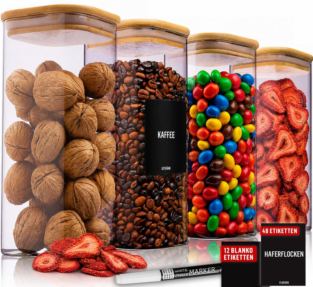 Deco haus® Vorratsgläser mit Deckel 4er Set + Etiketten [LUFTDICHT] - Für Müsli, Cornflakes, Spaghet
