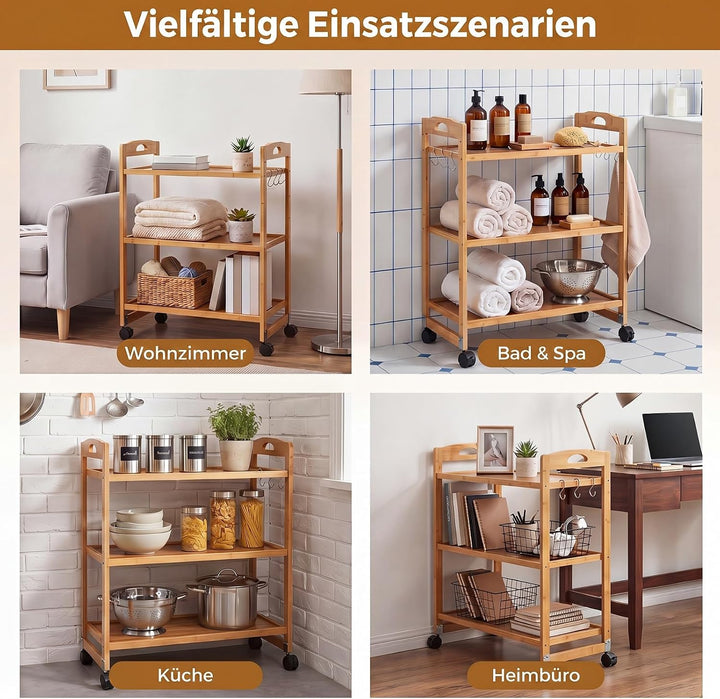 SOARS Rollwagen Bambus, 3 Ebenen Servierwagen mit Rollen, Natur