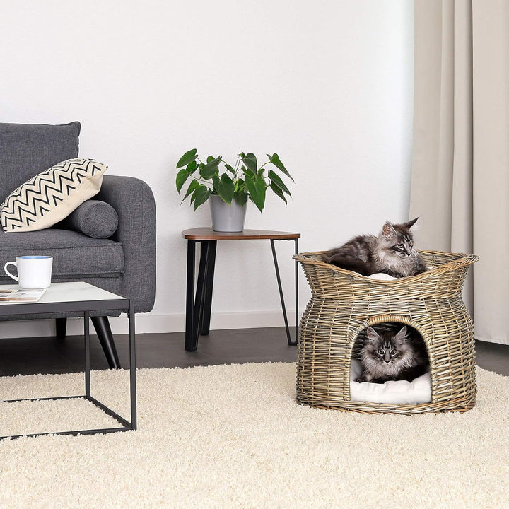 lionto Weidenkorb für Katzen und kleine Hunde mit 2 weichen Liegekissen, 55x39x43 cm, gemütlicher Ka