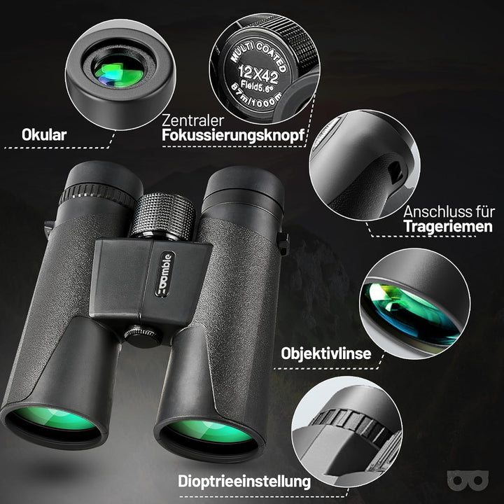 12x42 HD-Fernglas für Erwachsene | Wasserdichtes Fernglas, Bak-4-Prisma, FMC-Objektiv | Ideal für Vo