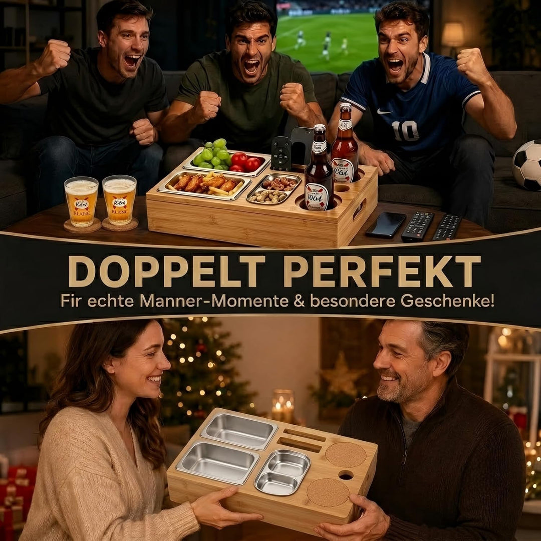 Couchbar Snackbox, Bambus Sofa Tablett mit 2 Getränkehaltern | 3 Snackschalen aus Edelstahl, Geschen