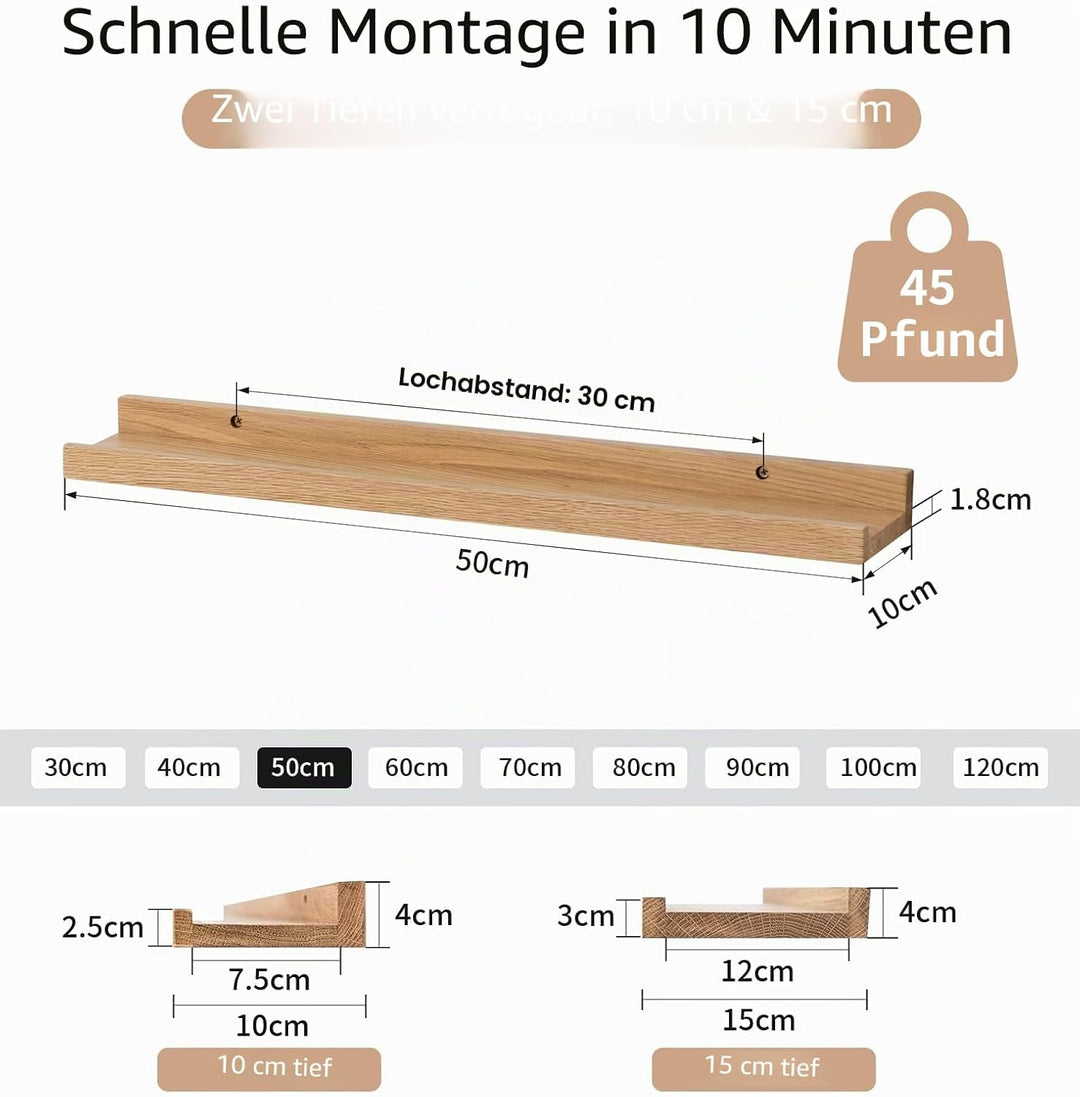 Bilderleiste Holz,2er-Set 50cm Eiche Wandregal Holz Regal Massiv Schweberegal gewürzregal regalbrett