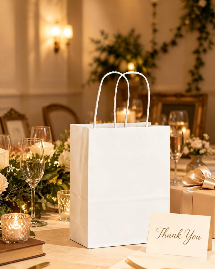 Gcardist 100-Packs weisse Geschenk-Taschen mit Griffen Bulk 11"x8.3"x4.3" Medium Size Paper Bags Mul