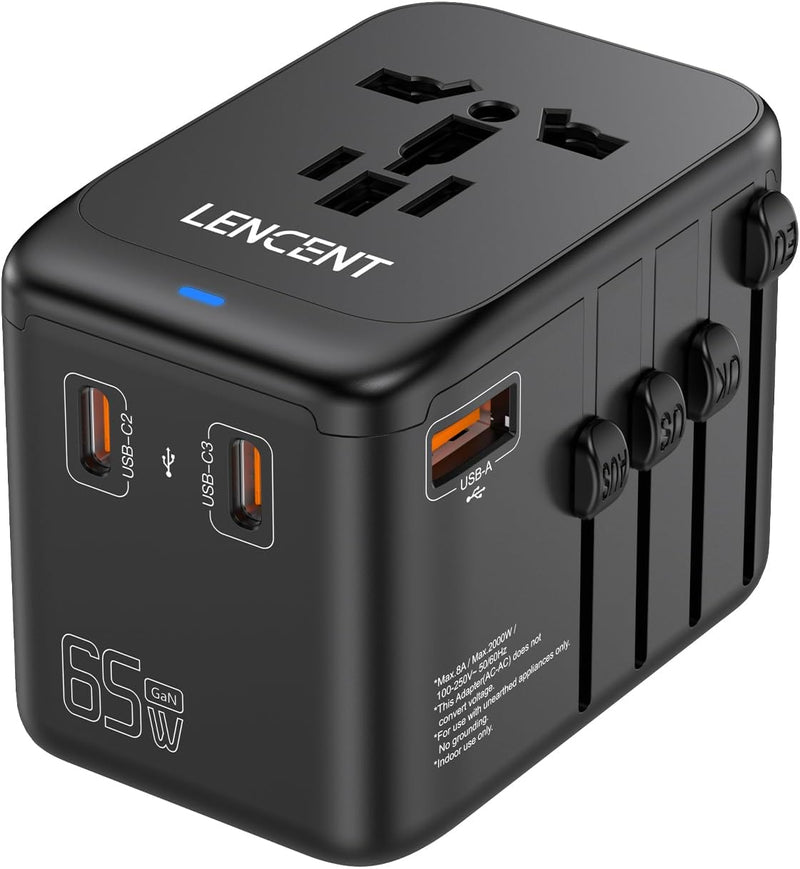 LENCENT Internationaler Reiseadapter,GaN III 65W Universal Reisestecker mit 1 USB-A & 3 USB-C PD Sch