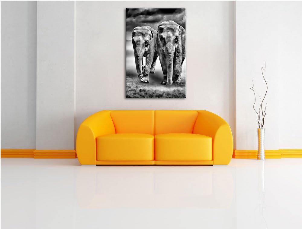 Pixxprint Elefanten in Steppe als Leinwandbild/Grösse: 100x70 / Wandbild/Kunstdruck/fertig bespannt,