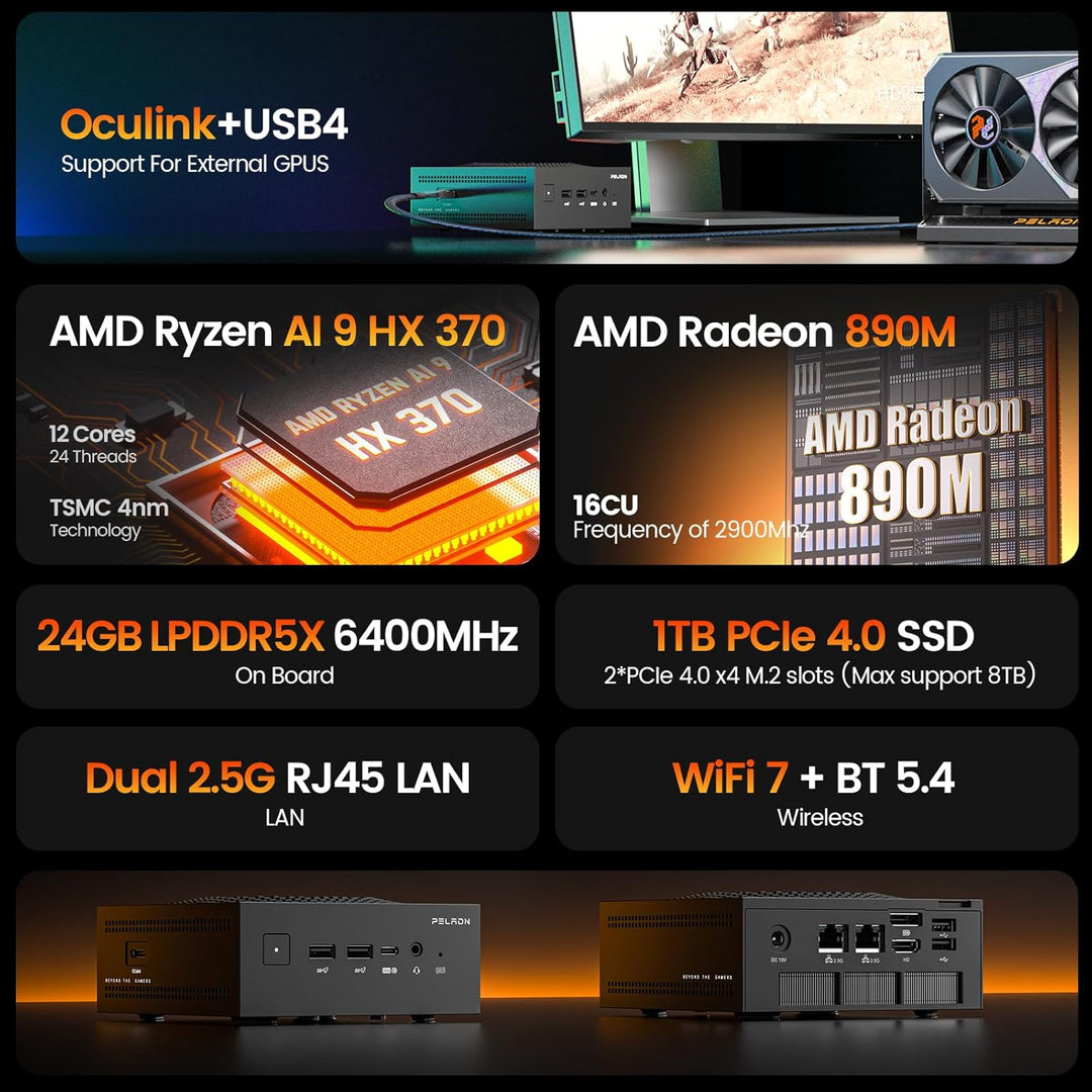 PELADN Mini PC, Ryzen AI 9 HX 370, 24GB LPDDR5X/1TB PCIe 4.0 SSD, Dual 2.5G LAN, USB4 20Gbps Type-C/