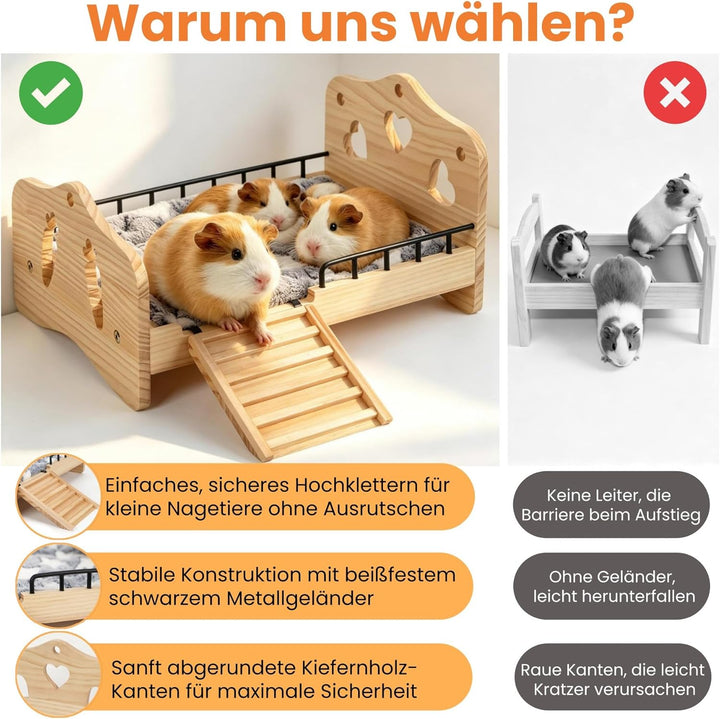 Meerschweinchen Bett Holz mit Treppe, Geländer und Matte, Zwergkaninchen Bettchen Kuschelkissen, Kan