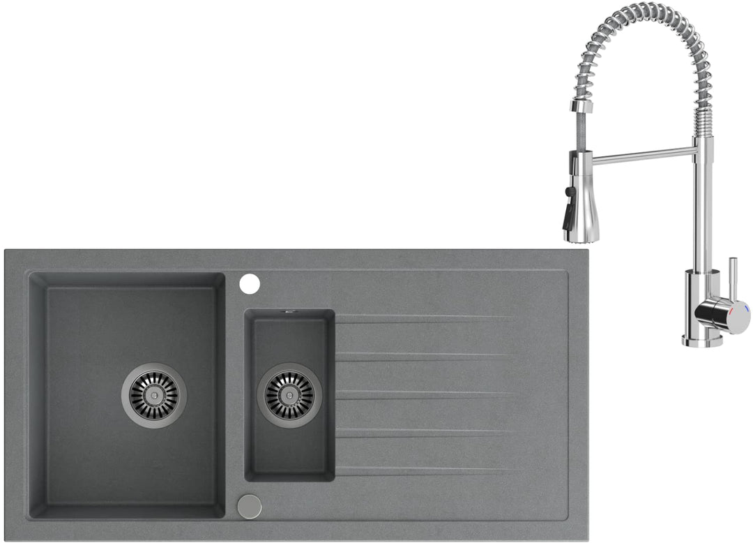 VBChome Spülbecken mit Armatur 100 x 50 cm Einzelbecken Grau Granit Rechteckig Reversibel Einbauspül