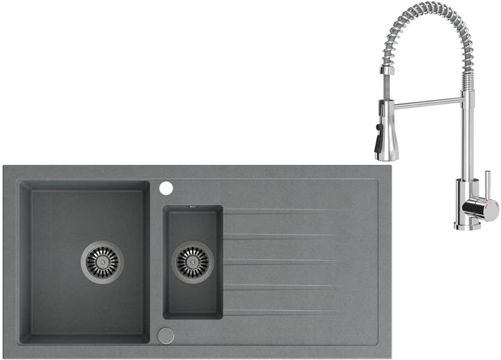 VBChome Spülbecken mit Armatur 100 x 50 cm Einzelbecken Grau Granit Rechteckig Reversibel Einbauspül