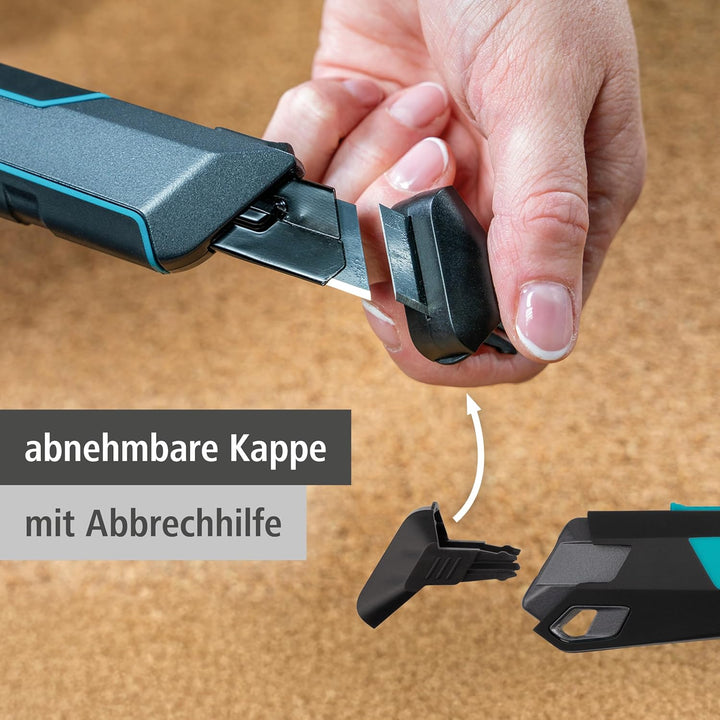 wolfcraft Cuttermesser PRO SAFETY, 18 mm - optimale Ergonomie für Links- und Rechtshänder - extrasch