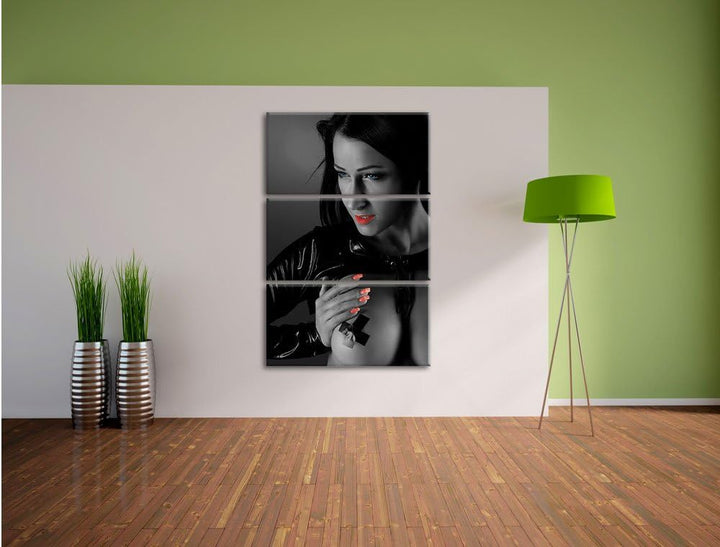 Pixxprint schwarzhaarige sexy Frau schwarz/weiss als Leinwandbild/Grösse: 3 Teilig (120x80 cm) cm/Wa