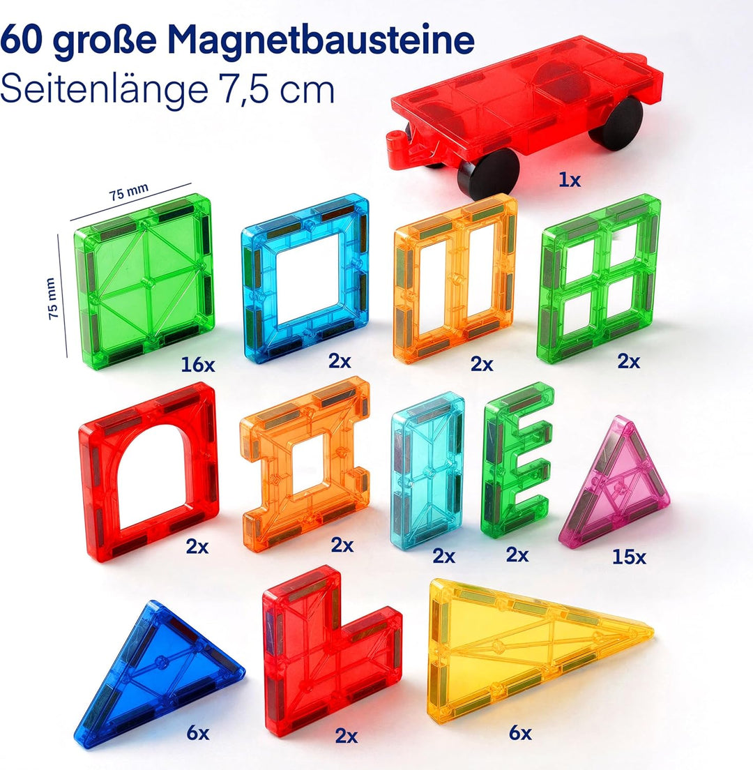 Kleverblox - 60 Stück Magnetische Bausteine für Kinder - Magnetbausteine ab 3 Jahre - Magnetische Fl